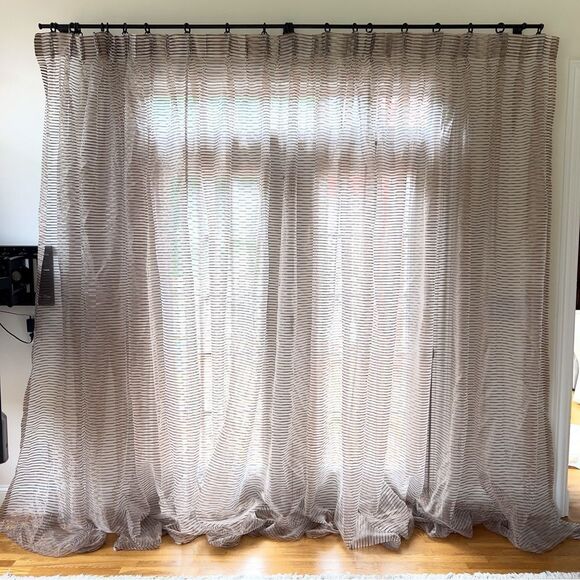 Sheer Pleated Curtain Light Beige Base With Brown Stripes One Panel - Picture 3 of 8